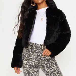 black faux fur bomber jacket